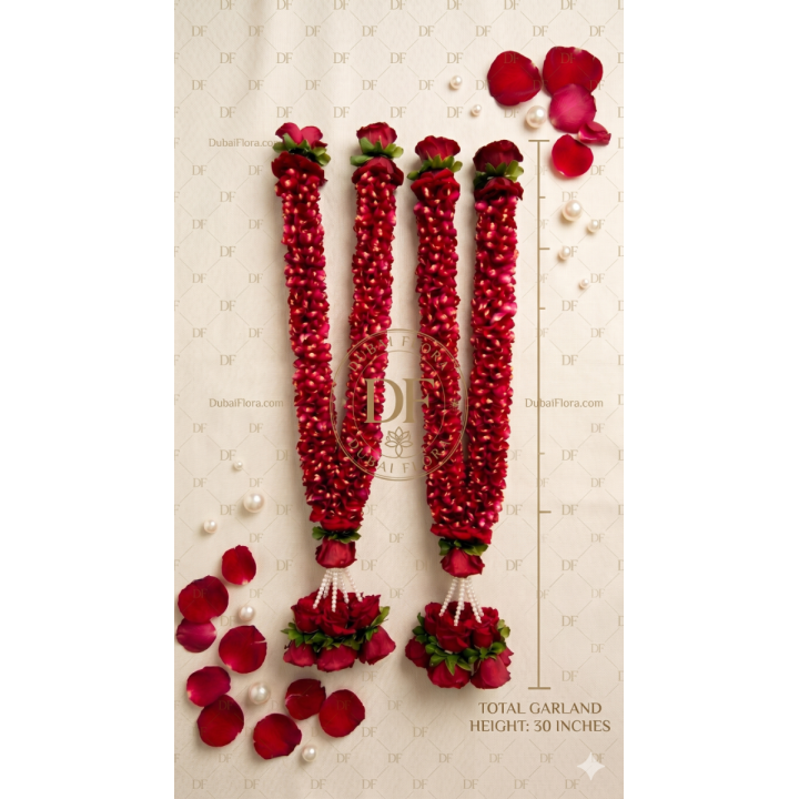 Premium Pair of Red Rose Petal Garlands – Fresh Flower Strings for Weddings & Events