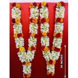 Pair of Tuberose & Red-Yellow Baby Rose Garlands – 30-Inch Fresh Flower Garlands