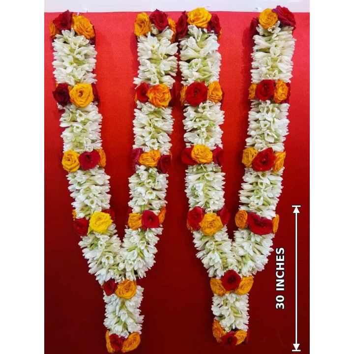Pair of Tuberose & Red-Yellow Baby Rose Garlands – 30-Inch Fresh Flower Garlands