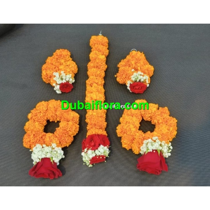 Flower Bridal Jewellery Set Of Fresh Orange Marigold And Red Roses With Gypsophila