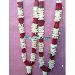Fresh Pair of Red Roses and White Chrysanthemum Garland