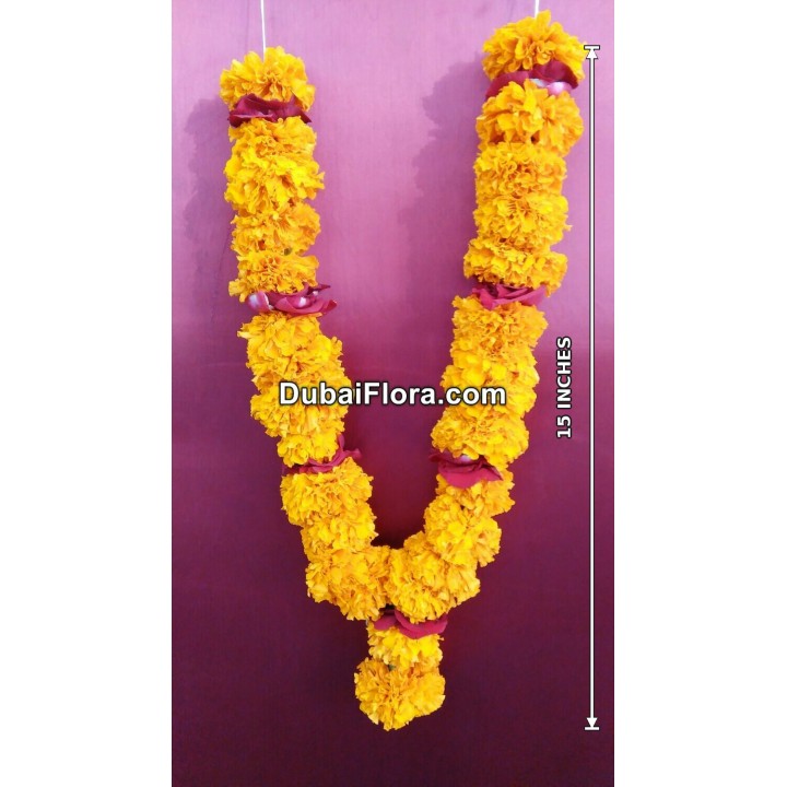 Fresh Marigold Garland with Rose Petals - 15 Inches