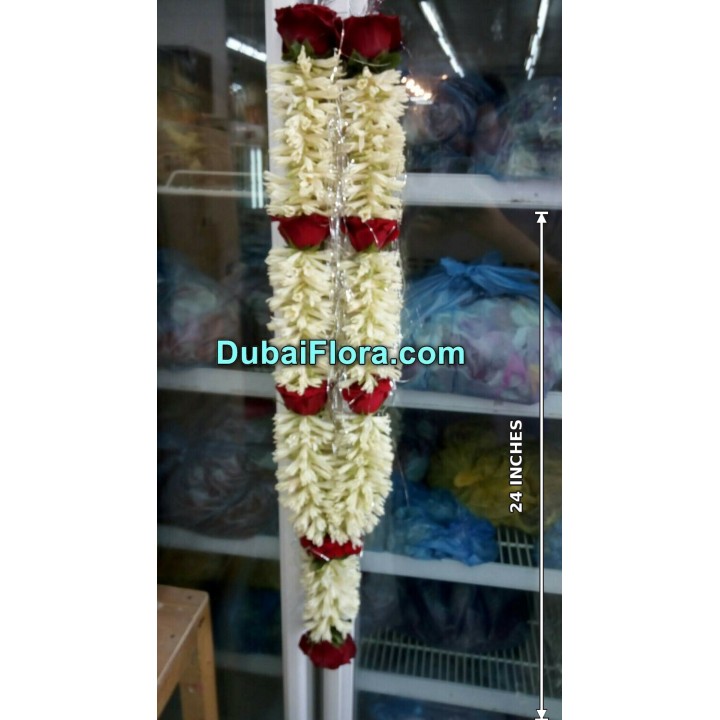 Fresh Tuberose and Red Roses Garland (Haar, Mala, Jaimala) Size 24 Inches