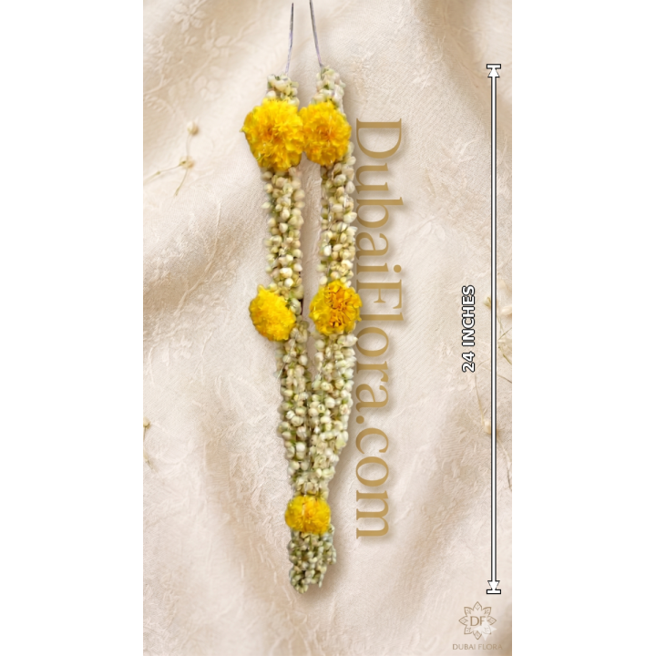 Fresh Jasmine & Yellow Marigold Garland – 24 Inch Haar Mala for Weddings & Celebrations in Dubai