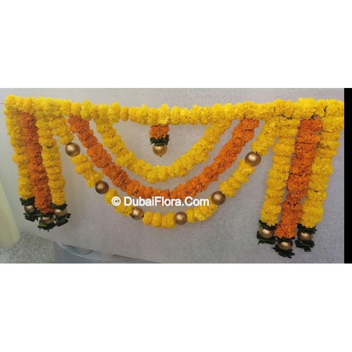 Fresh Flower Toran Golden Yellow Orange & Green For Diwali, Weddings Occasions - Dubai For Gates Doors