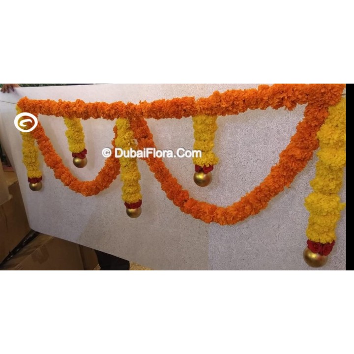 Fresh Flower Toran of Marigold, Baby Rose and Golden Colour