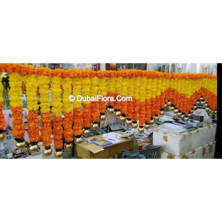 Flower Toran Of Fresh Marigold Yellow Orange V Shape With Golden Ball