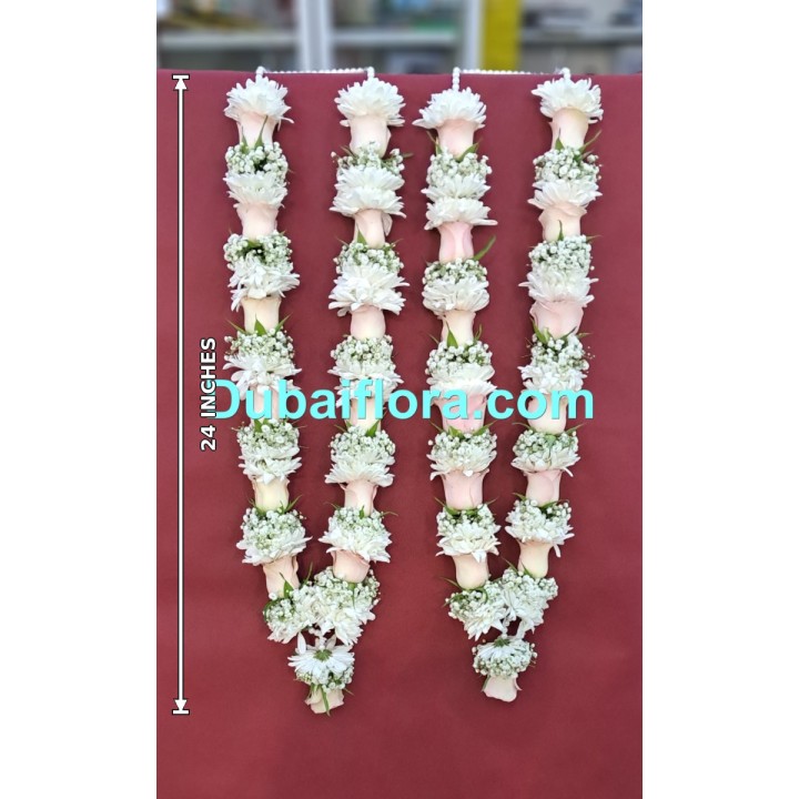 24-inch Pair fresh flower garland with gypsophila (baby's breath), white chrysanthemums, and peach roses
