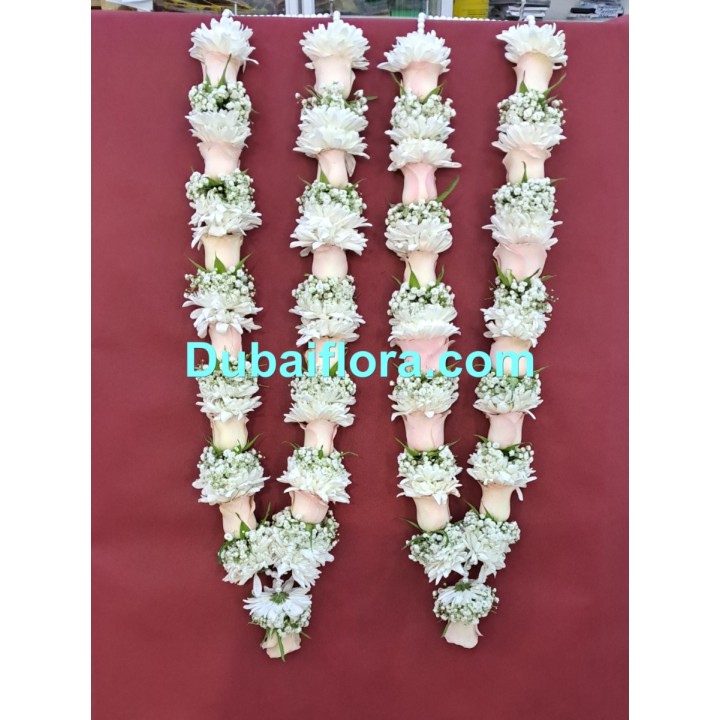 24-inch Pair fresh flower garland with gypsophila (baby's breath), white chrysanthemums, and peach roses