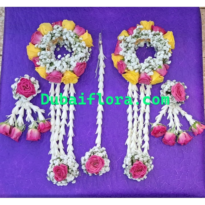 Fresh Bridal Jewellery Set with Pink, Yellow Baby Roses & Gypsophila