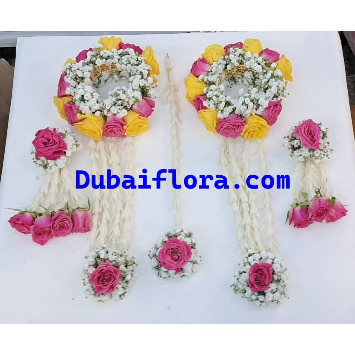Fresh Bridal Jewellery Set with Pink, Yellow Baby Roses & Gypsophila