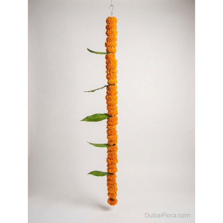 Fresh Orange Marigold String with Mango Leaves – Price per Metre