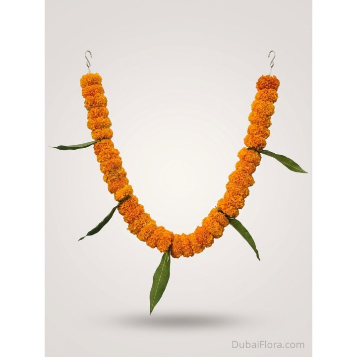 Fresh Orange Marigold String with Mango Leaves – Price per Metre
