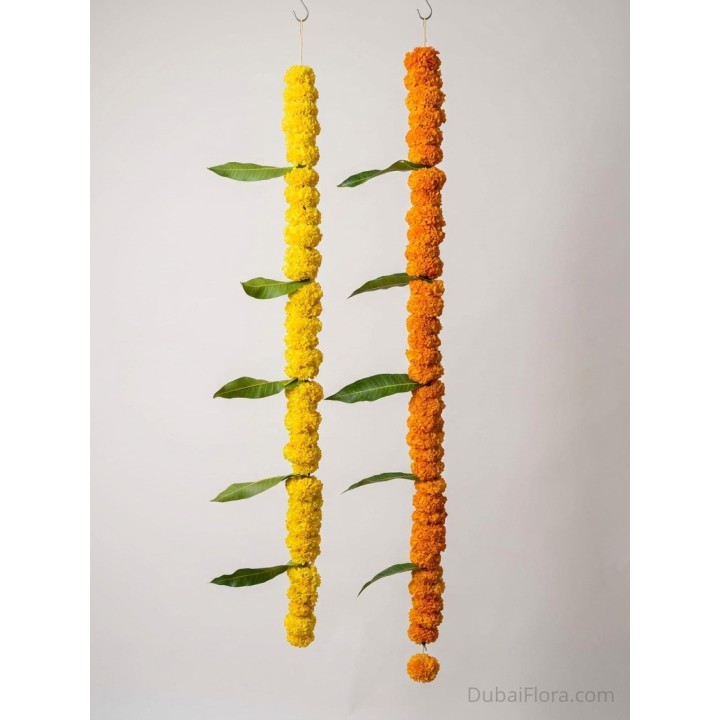 Fresh Orange Marigold String with Mango Leaves – Price per Metre