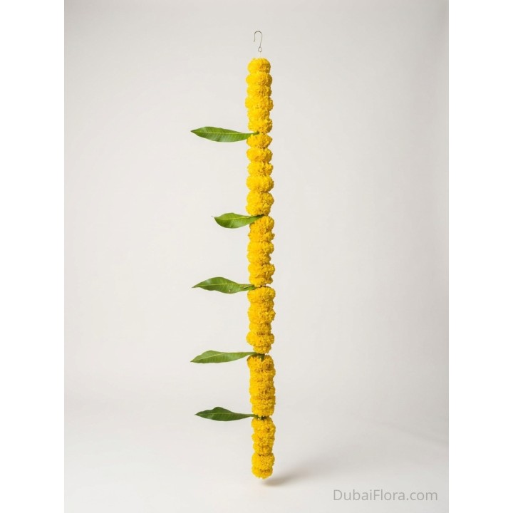 Fresh Yellow Marigold String with Mango Leaves – Price per Metre