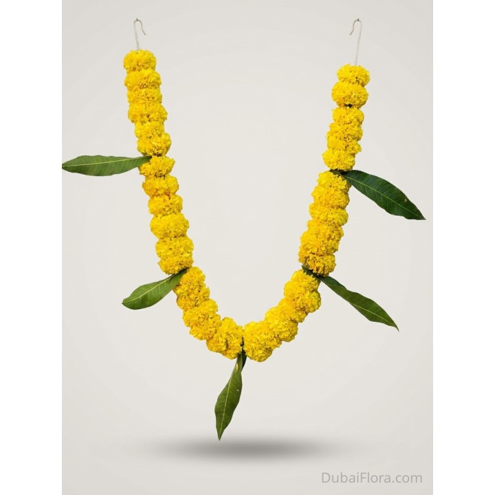 Fresh Yellow Marigold String with Mango Leaves – Price per Metre