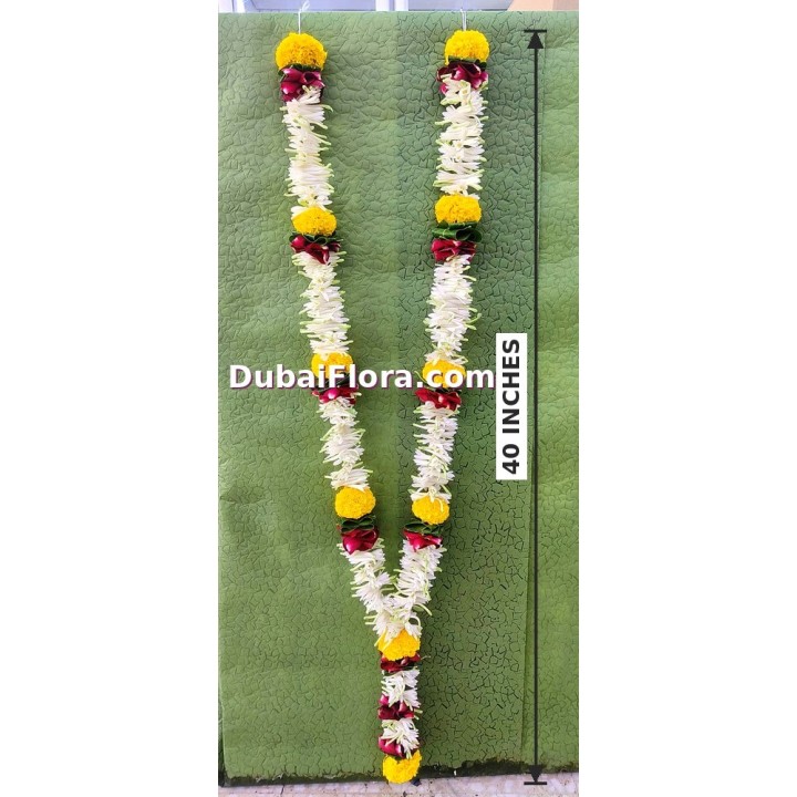 Fresh Flower Car Garland Toran – 40 Inches (Tuberose, Marigold & Red Rose Petals)