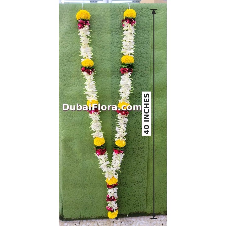 Fresh Flower Car Garland Toran – 40 Inches (Tuberose, Marigold & Red Rose Petals)
