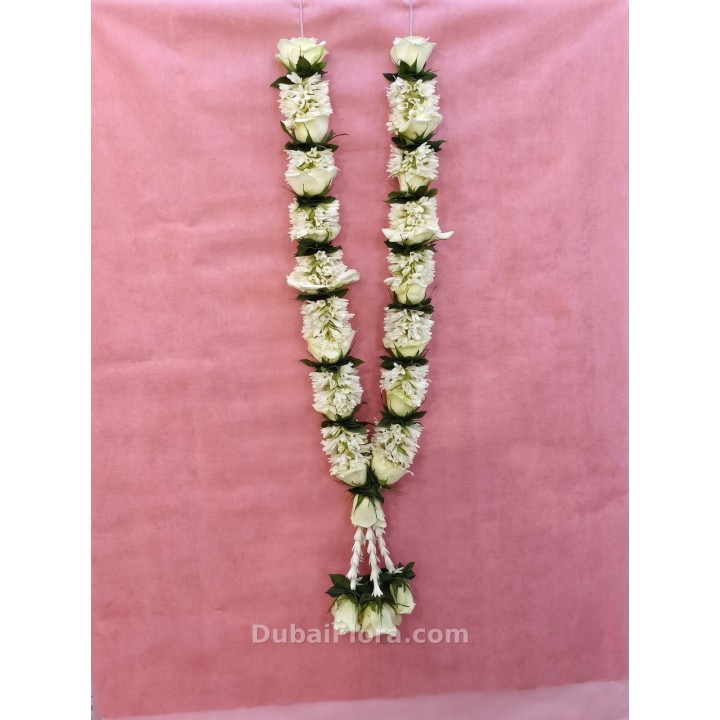 Fresh Tuberose, White Rose & Green Leaf Garland – 30 Inches