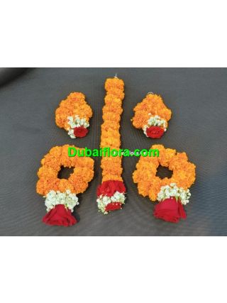 Flower Bridal Jewellery Set Of Fresh Orange Mariegold And Red Roses With Gypsoplilia 