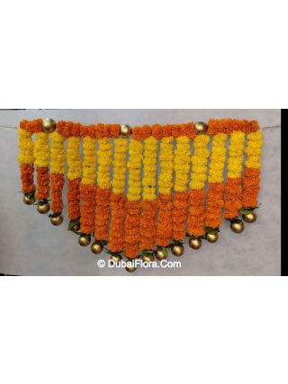 Flower Toran Of Fresh Mariegold Yellow Orange V Shape With Golden Ball
