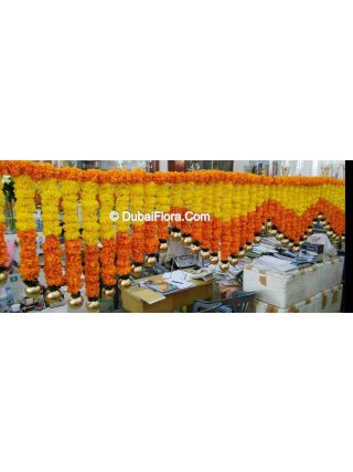 Flower Toran Of Fresh Marigold Yellow Orange V Shape With Golden Ball
