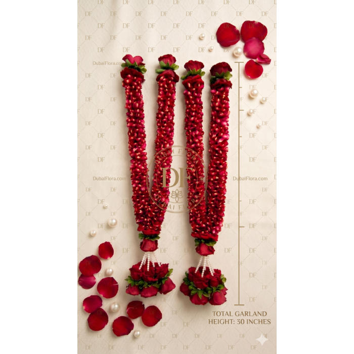 Premium Pair of Fresh Red Rose Petal Garlands – 30 Inch Varmala for Weddings in Dubai