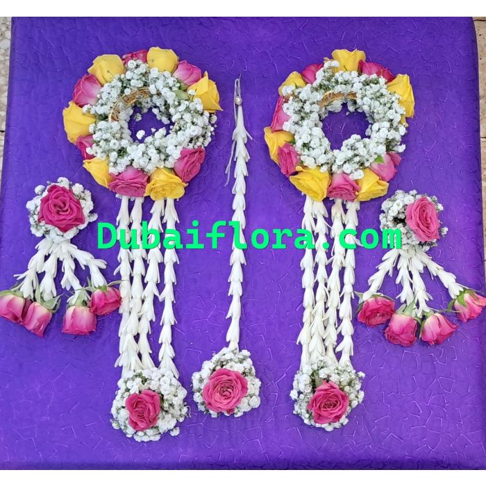 Bridal Jewelry Set with Pink, Yellow baby  Roses & Gypsophila