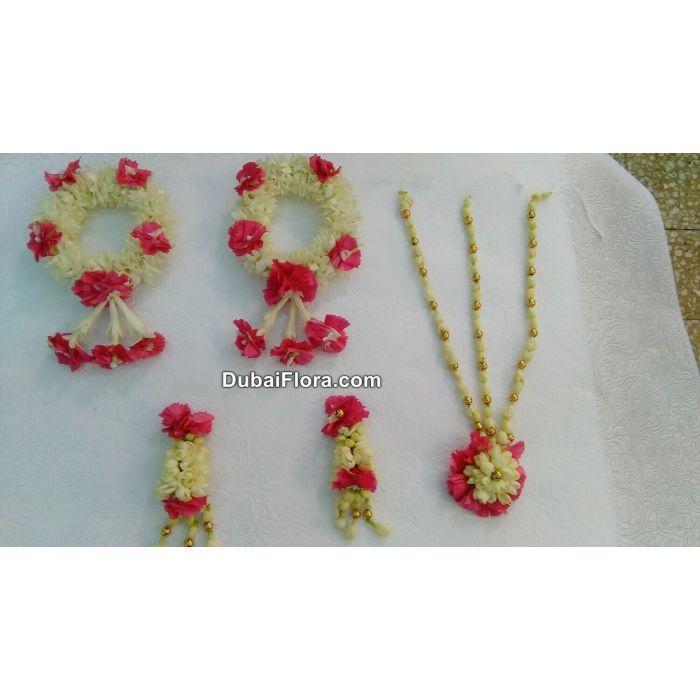 Bridal Flower Jewellery Set Of Pink Carnations, Tuberoses And Jasmine