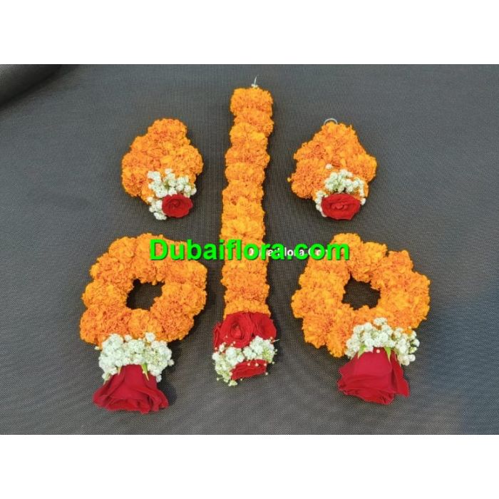 Flower Bridal Jewellery Set Of Fresh Orange Mariegold And Red Roses With Gypsoplilia 