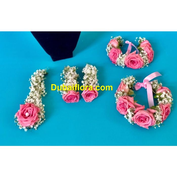 Bridal Jewelry Set with Pink baby roses and jipsofilia