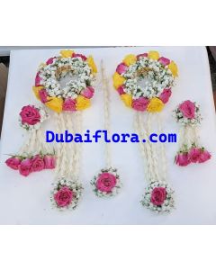 Bridal Jewelry Set with Pink, Yellow baby  Roses & Gypsophila