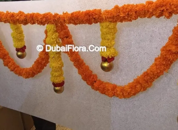 Fresh Flower Toran of Marigold, Baby Rose and Golden Colour